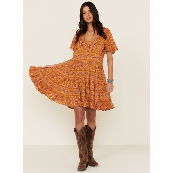 Patrons of Peace Dresses & Skirts - Patrons of Peace Women's Border Print Toluca Dress Orange Boho Small